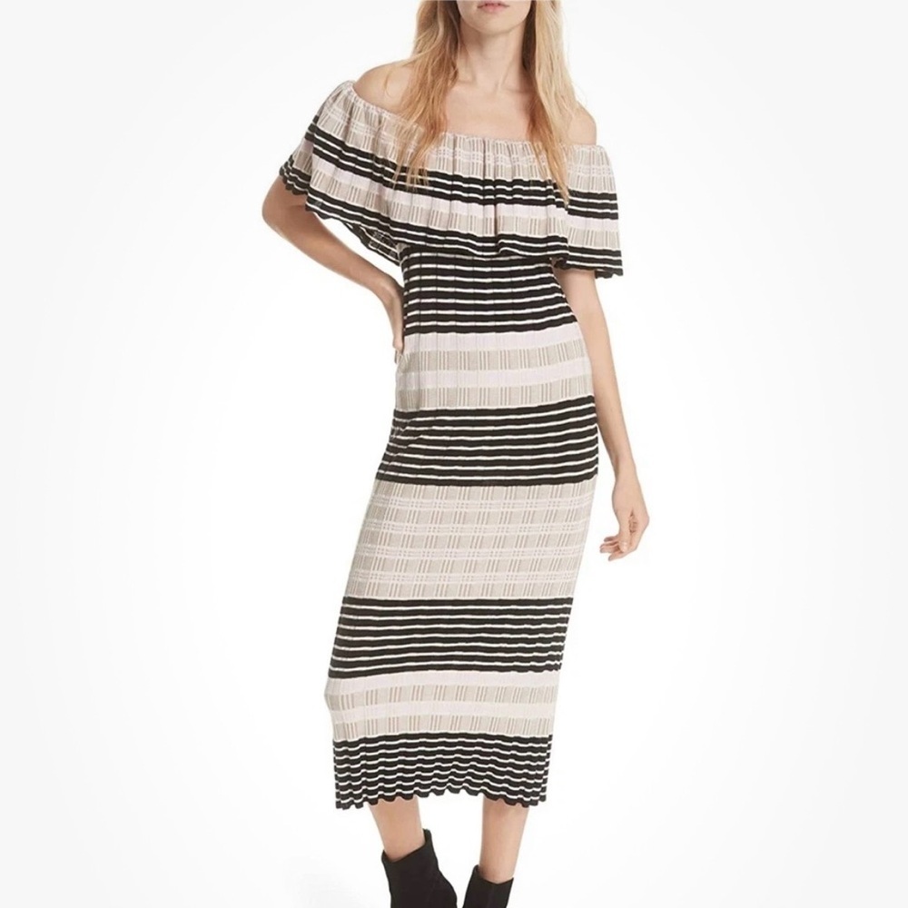 Free People Womens Off Duty Off-Shoulder Striped Midi Dress Sz Medium Multicolor